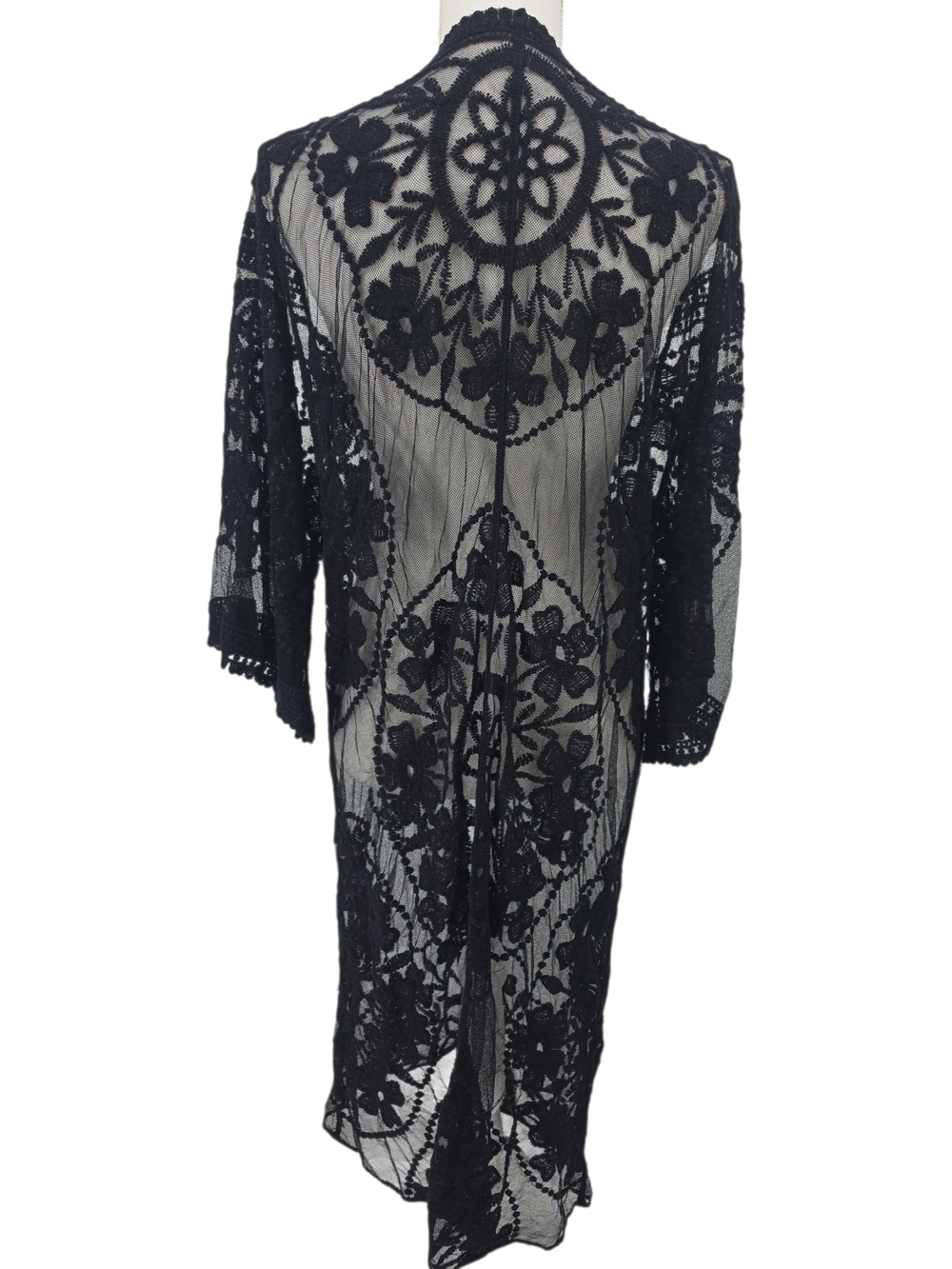 Black Floral Lace Kimono Cardigan Sheer Open Front Boho Festival - Picture 4 of 6
